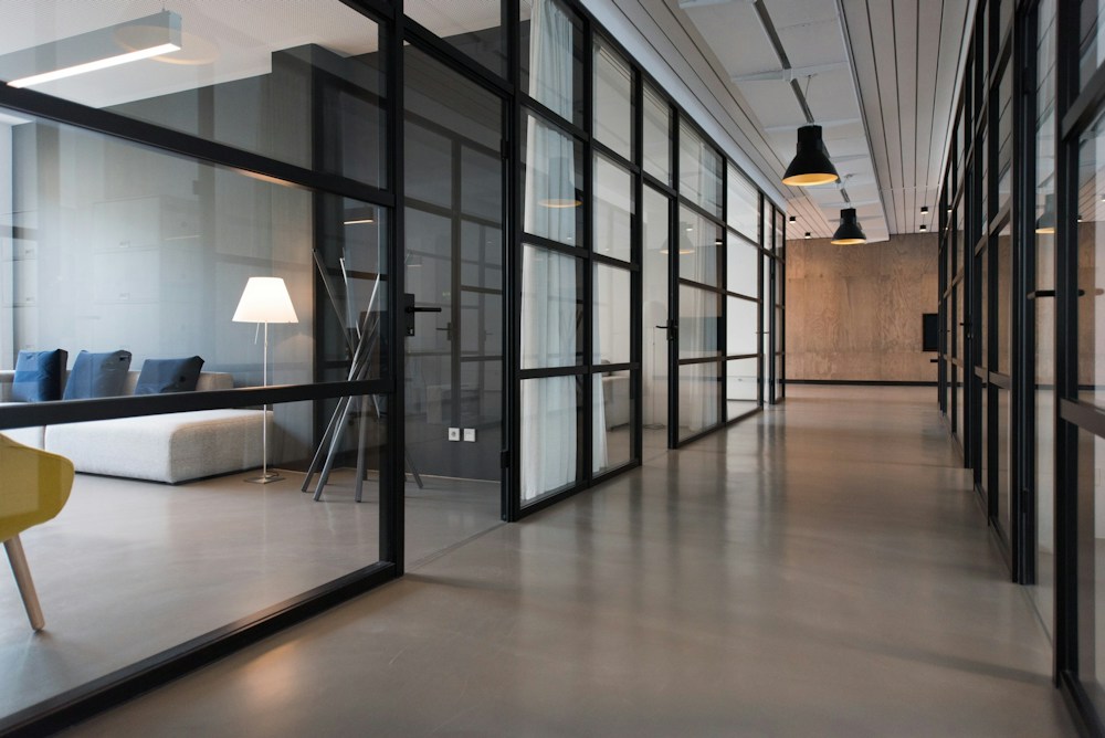 Bright, tidy office with shared work tables